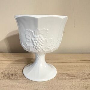 Vintage pedal stand milk glass candy dish grapes